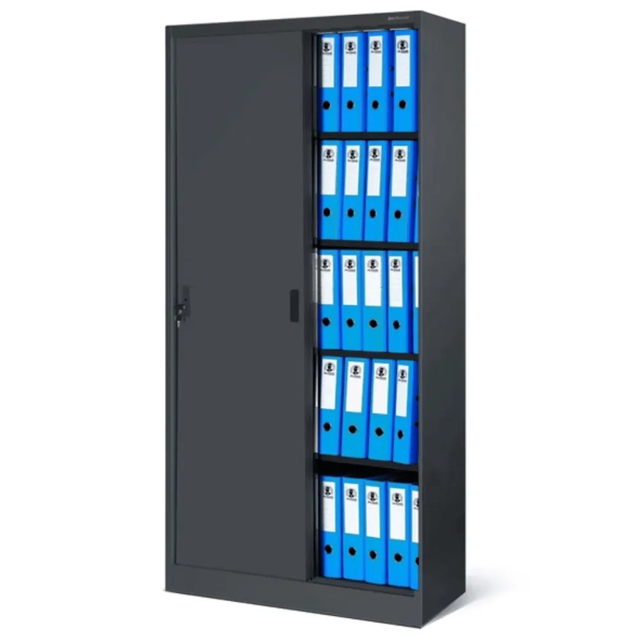 DELUKE Aktenschrank mit Schiebetüren und Schloss aus Stahl, Anthrazit, H x B x T: 185 x 90 x 40 cm - Bild 2
