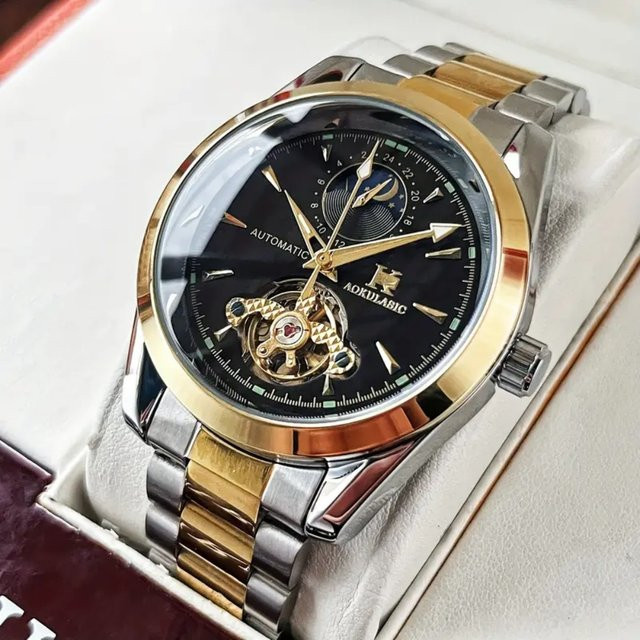 AOKULASIC Armbanduhr Automatik, Edelstahl, Schwarz, Gold, Herren - Bild 1