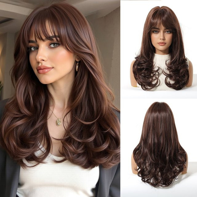 EASIHAIR Perücke, dunkelbraun, gewellter Bob mit Pony, Synthetik, Damen - Bild 1