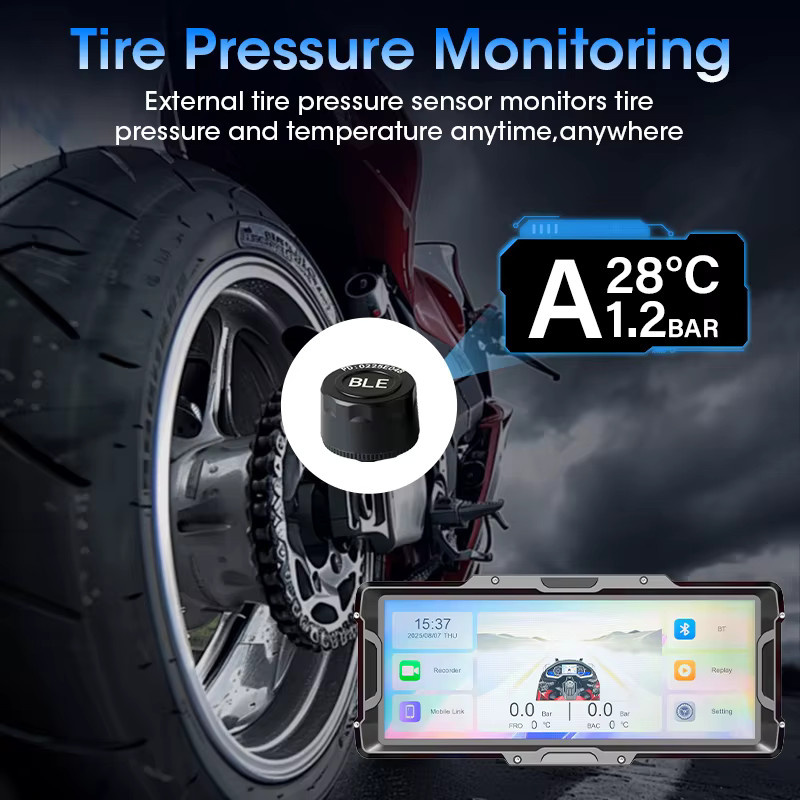 Srnubi 8,1 Zoll Motorrad DVR mit 2K Vorder- und Rückkamera, Navigation GPS, Wireless Carplay, Android Auto und TPMS Sensor, Schwarz - Bild 4