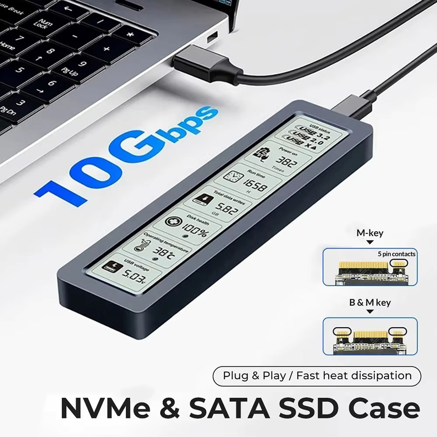 Kebidu M.2 SSD-Gehäuse für NVMe und SATA, USB Typ C Adapter mit Digitaldisplay, 10 Gbit/s, Schwarz - Bild 2