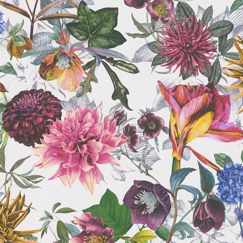 Profhome Vliestapete mit floralen Ornamenten in Weiß, Lila, Grün und Rosa, Glatte Struktur, 5,33 m2 - Bild 1