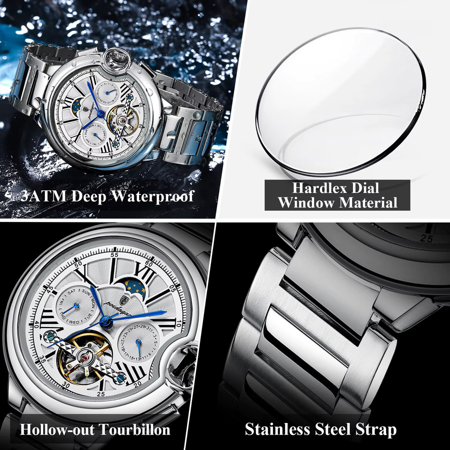 POEDAGAR Armbanduhr Automatik, Edelstahl, Silber, Herren - Bild 4