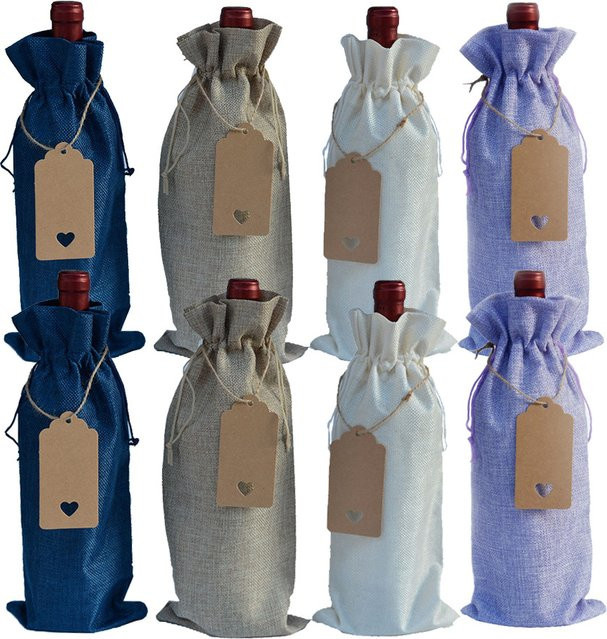 10-teiliges Weinflaschen-Set aus Sackleinen mit Hangtags und Kordelzug in Rot und Mehrfarbig zum Verschenken und für den Transport - Bild 1