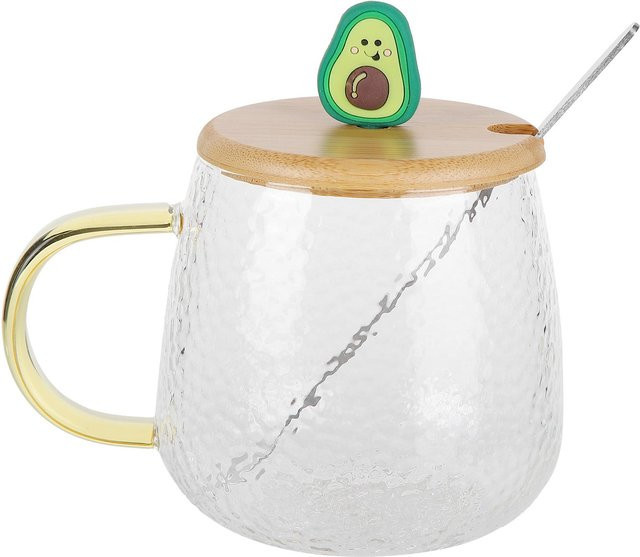CosyHome Tasse aus Borosilikatglas mit Deckel und Löffel aus Edelstahl und Bambus, transparent, 400 ml - Bild 1
