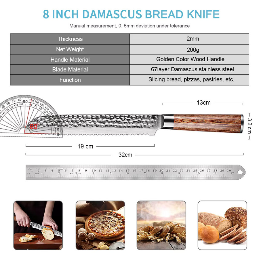 Xituo Premier Brotmesser mit gehämmerten Serrationen in Silber, handgefertigtes japanisches Küchenmesser für Kuchen und Gebäck, Länge: 20,32 cm - Bild 2