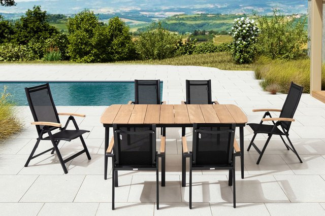 OUTFLEXX Garten-Essgruppe aus Aluminium, Teakholz und Textil in Anthrazit Matt mit 6 Sitzgelegenheiten und rechteckigem Tisch - Bild 1