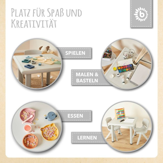 Bieco Kindertisch mit 2 Stühlen aus Holz in Weiß und Multicolour, stapelbar und kippsicher - Bild 1