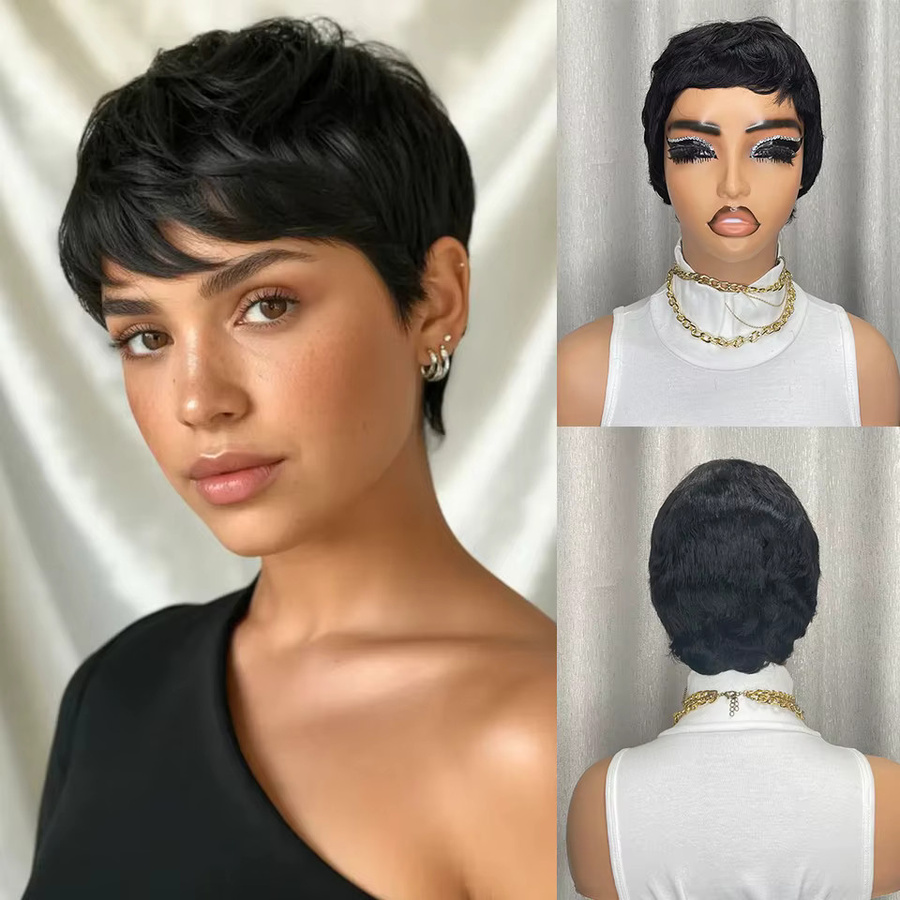 OYM HAIR Damen Perücke, schwarz, kurz, Pixie-Schnitt, Echthaar - Bild 2