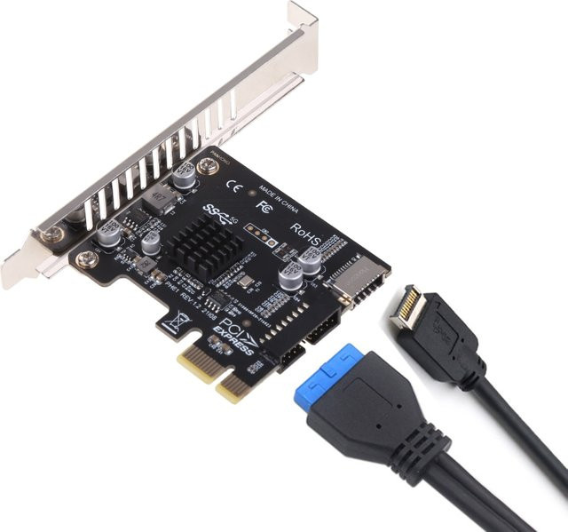 PCI-E zu USB 3.0 Erweiterungskarte Typ E mit 5 Gbps Datenrate und USB Typ C Front Panel Pin Header in Schwarz - Bild 1