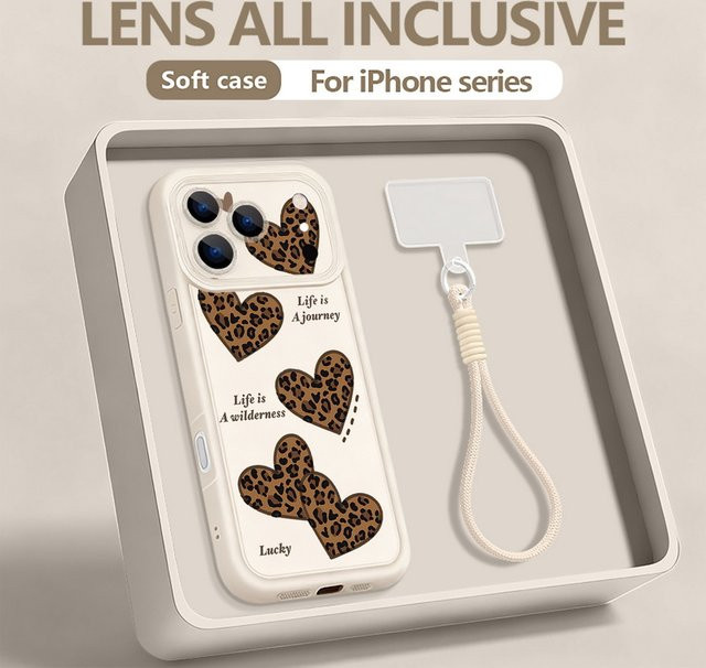 MOESOE Handyhülle mit Leopardenmuster und Schleife sowie Wrist Strap für iPhone 17 16 15 14 13 12 Pro Max Air 16e 11 in Beige, Weiß und Multicolour - Bild 1