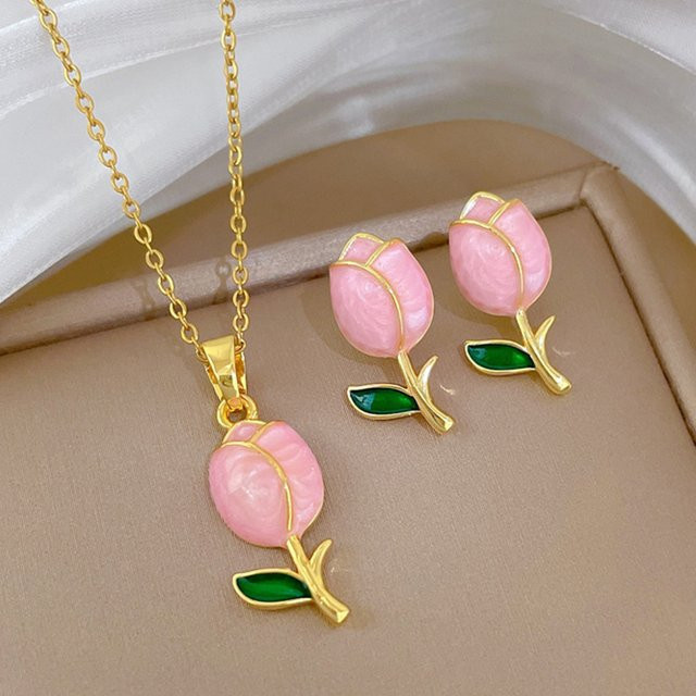 ZAKOL Schmuck-Set Edelstahl, Halskette, Ohrringe, Tulpenblüten-Anhänger, Damen - Bild 1