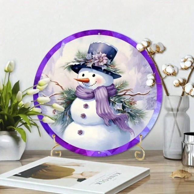 HELLOYOUNG Schneemann-Wanddekoration aus Aluminium in Lila, runder Weihnachtskranz für Innen und Außen, Durchmesser: 20,3 cm - Bild 1