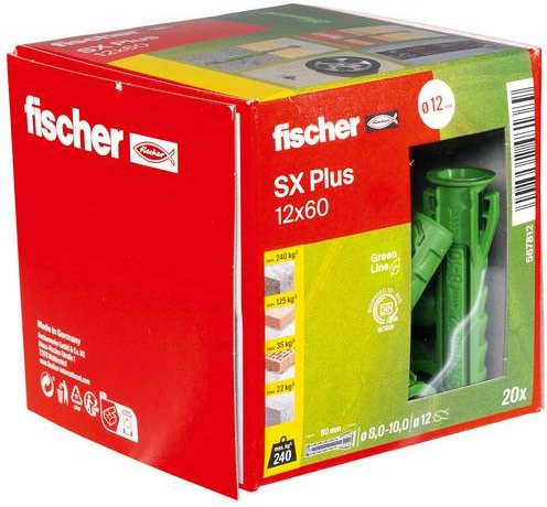 Fischer SX Plus Green Spreizdübel aus Kunststoff für Beton, Farbe: Grün, Länge: 60 mm, Durchmesser: 12 mm, 20 Stück - Bild 1