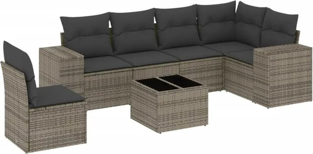 vidaXL 7-tlg. Garten-Sofagarnitur in L-Form aus grauem Poly-Rattan mit Kissen und Armlehnen - Bild 1
