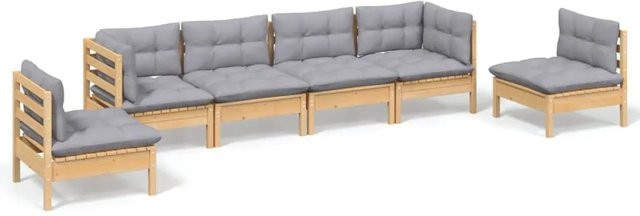 vidaXL 6-teiliges Garten-Lounge-Set aus massivem Kiefernholz in Braun-Grau mit grauen Polstern und Rückenkissen in L-Form - Bild 1
