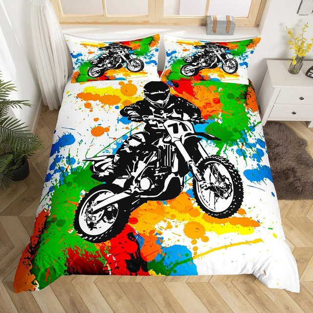 Motocross Bettwäscheset von Binchi Outdoor Product mit Motorrad-Design, 3-teilig, Mehrfarbig, B/H: 140 x 200 cm - Bild 1