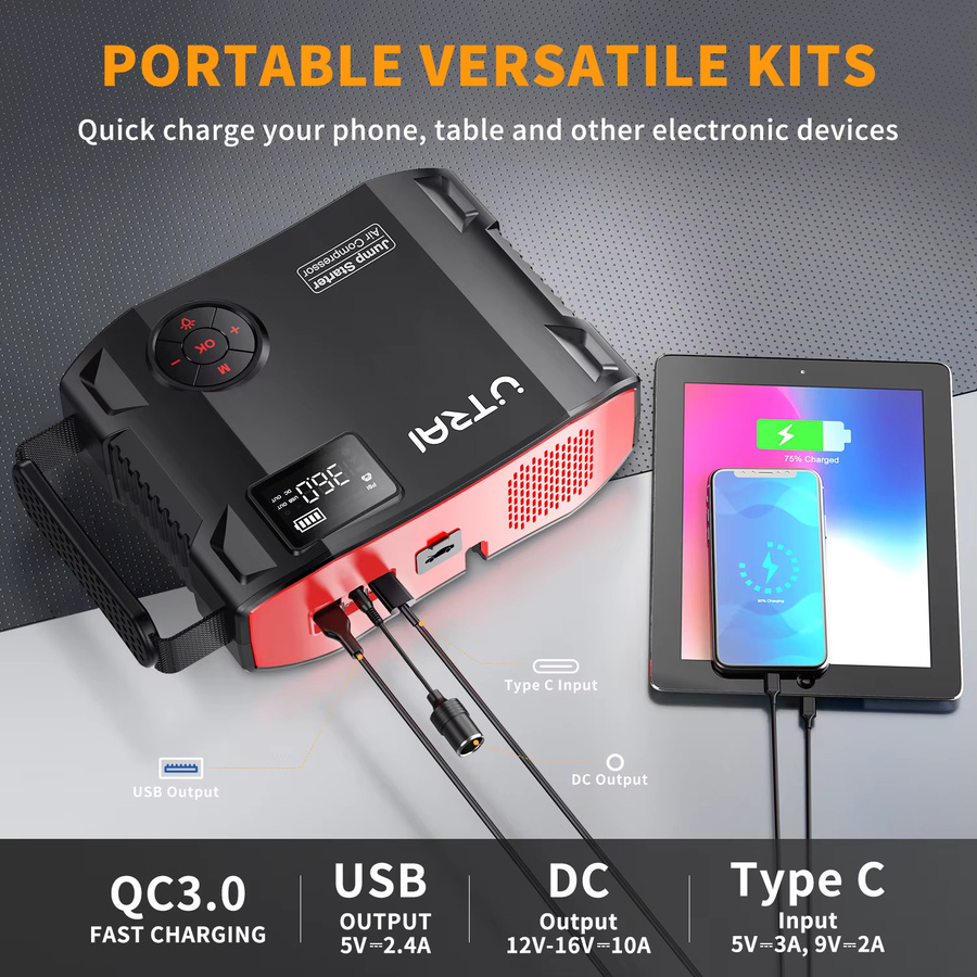UTRAI 4 in 1 Starthilfe Power Bank mit 2000A Auto Booster, 16000 mAh Akku und 150 PSI Luftkompressor Reifenpumpe in Schwarz - Bild 4