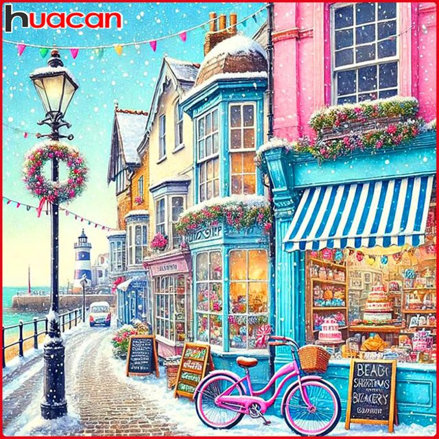 Huacan 5D-Diamantgemälde Set Winter Landschaft mit Gebäude und Straße, Multicolour, B/H: 20 x 20 cm - Bild 1