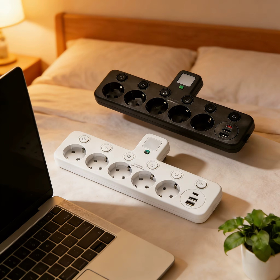 8-in-1 EU-Steckdosenleiste mit 5 AC-Steckdosen, 2 USB-Anschlüssen, 1 Typ-C-Port und Nachtlicht - Bild 3