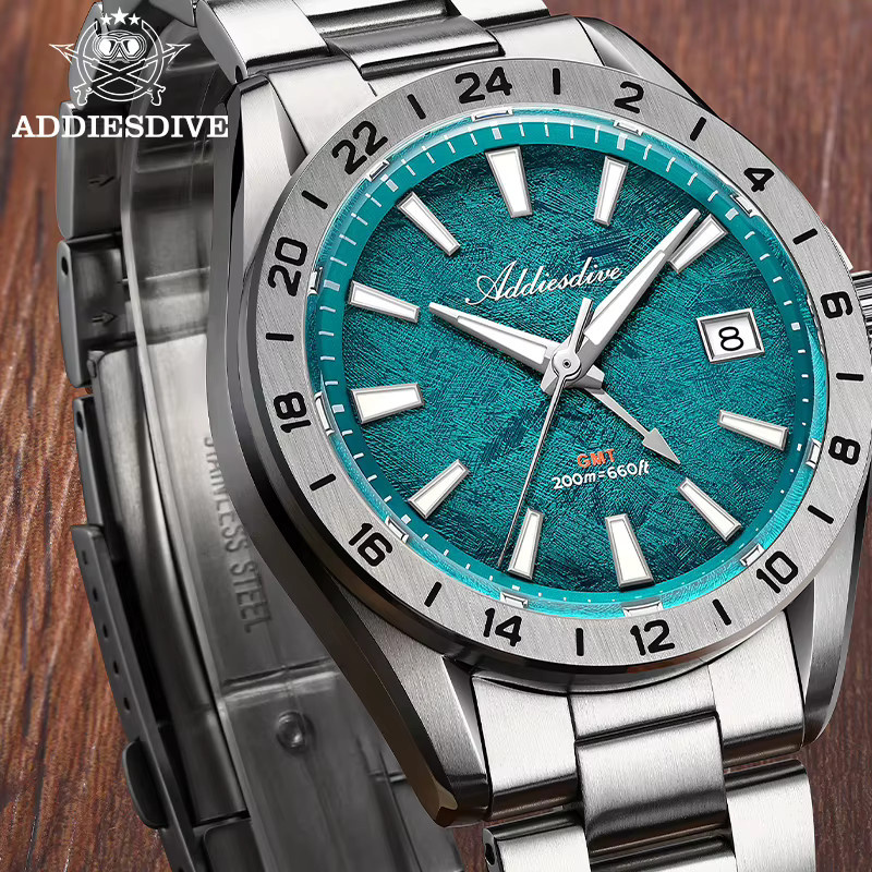 ADDIESDIVE GMT-Uhr, Quarz, Edelstahl, Saphirglas, Schwarz, Herren - Bild 2