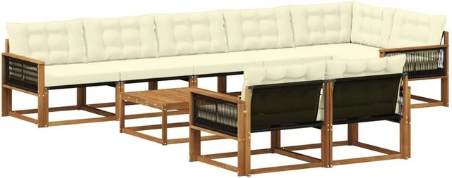 vidaXL Outdoor-Sofagarnitur L-Form aus Akazienholz mit 9 Textilene-Kissen in Natur und Creme - Bild 1