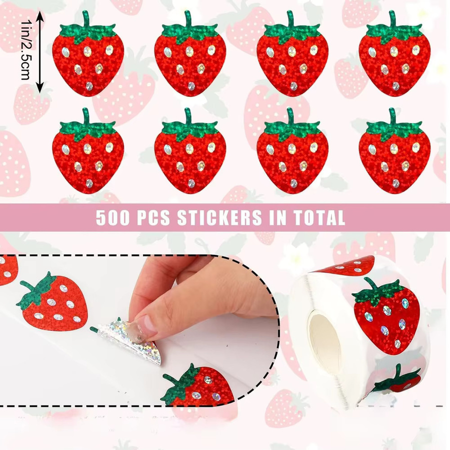 500 Stück Erdbeere Holographische Etiketten in Rot als dekorative Aufkleber für Scrapbooking und Geschenkeinpackungen - Bild 3
