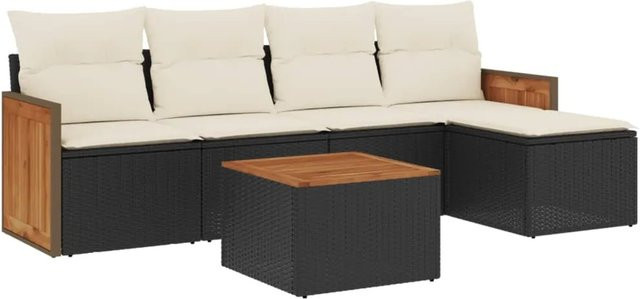 vidaXL 6-teilige Garten-Sofagarnitur aus Poly-Rattan und Akazienholz mit Kissen in Schwarz und Cremeweiß - Bild 1