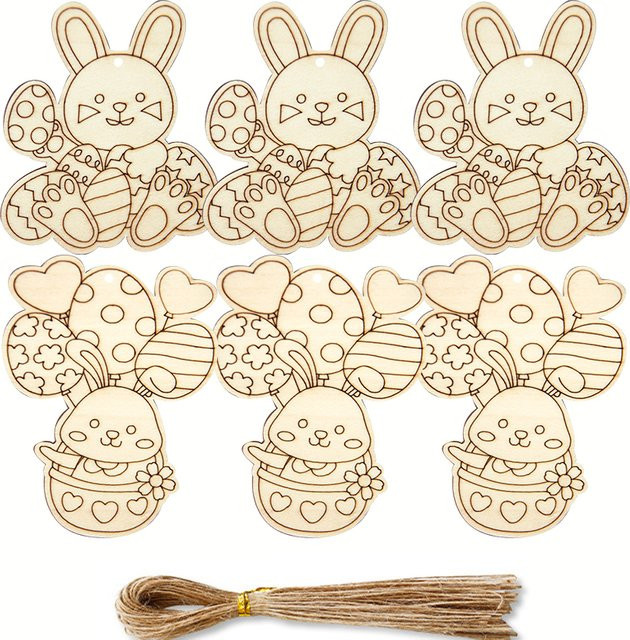 10 Stück Ostern Holz Anhänger mit Kaninchen und Ei als DIY Deko für Kinder und Partys - Bild 1