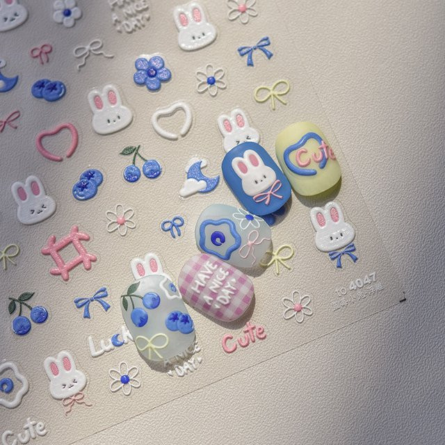 NAILFYOU Nagelaufkleber, Rosa Blaue Blume Kawaii Kaninchen, Glänzend - Bild 1
