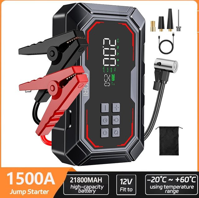 BIUBLE Starthilfe-Powerbank 21800mAh mit 1500A Auto-Batterie-Booster 12V und 150PSI Luftkompressor, tragbarer Reifenfüller mit LCD-Display, Schwarz - Bild 1