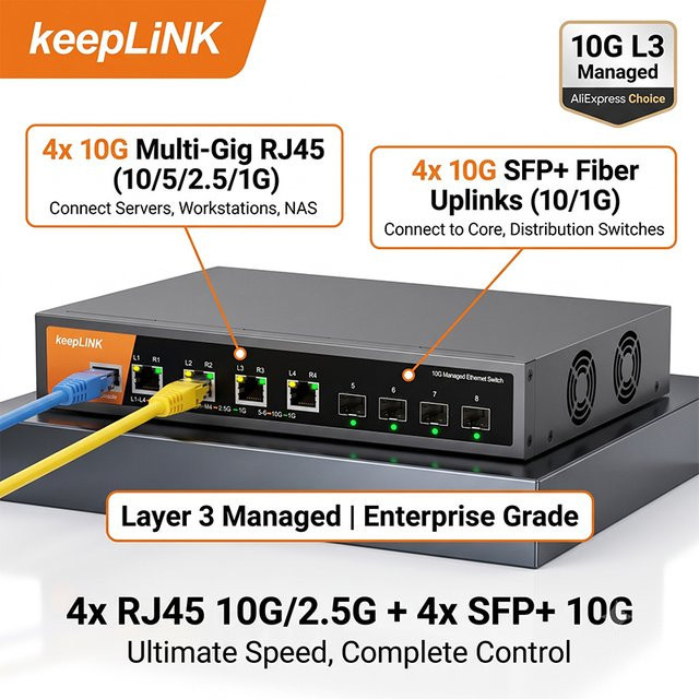 keepLiNK L3 Managed Switch 10G Enterprise Web-Managed Ethernet-Netzwerk-Switch mit 4-Port 10G/2.5G Multi-Gig RJ45 und 4-Port 10G SFP+ in Schwarz - Bild 1