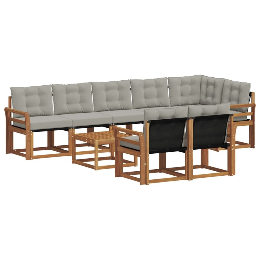 vidaXL 9-tlg. Outdoor-Sofagarnitur L-Form aus Akazienholz und Textilene in Grau mit Kissen und Armlehnen - Bild 2