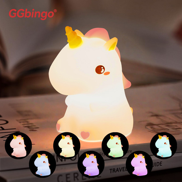 ggbingo Einhorn LED-Nachtlicht aus Silikon mit Berührungssensor, RGB Farbwechsel, wiederaufladbar via USB, Multicolor - Bild 1