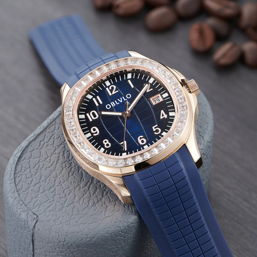 OBLVLO Armbanduhr, Automatik, Roségold, Diamant, Blau, Silikon, Herren - Bild 2