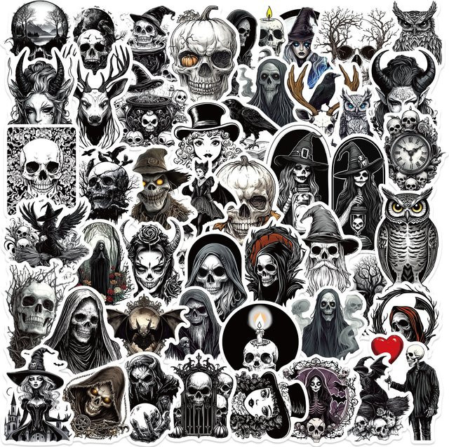 50 Stück YIIMANNER Cartoon Skelett Graffiti Aufkleber in Schwarz und Weiß, wasserfeste Sticker für DIY-Projekte, Notebook und Gepäck - Bild 1