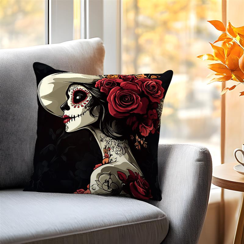 Halloween Kissenbezug mit Skelett-Braut und Totenkopf Motiv in Schwarz, B/B: 18 x 18 cm - Bild 3