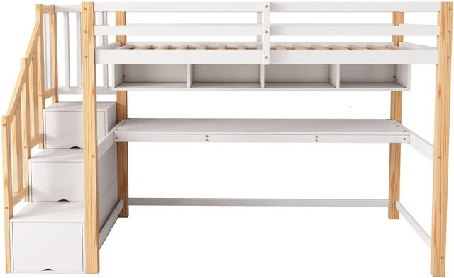 okwish Kinderhochbett Einzelbett in Eiche und Weiß mit großem Schreibtisch, Regalen und Treppe, B/T/H: 200 x 90 x 165 cm - Bild 1