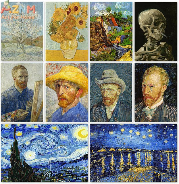 AZNM Van Gogh Klassische Ölgemälde Wandkunst als Rahmenlose Leinwand mit Sternennacht, Sonnenblumen und Selbstporträt in Mehrfarbig - Bild 1