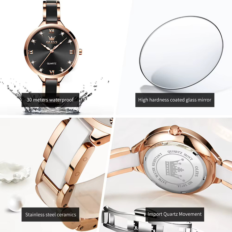 OLEVS Armbanduhr, Quarz, Edelstahl, Keramik, Bicolor, Weiß, Damen - Bild 2