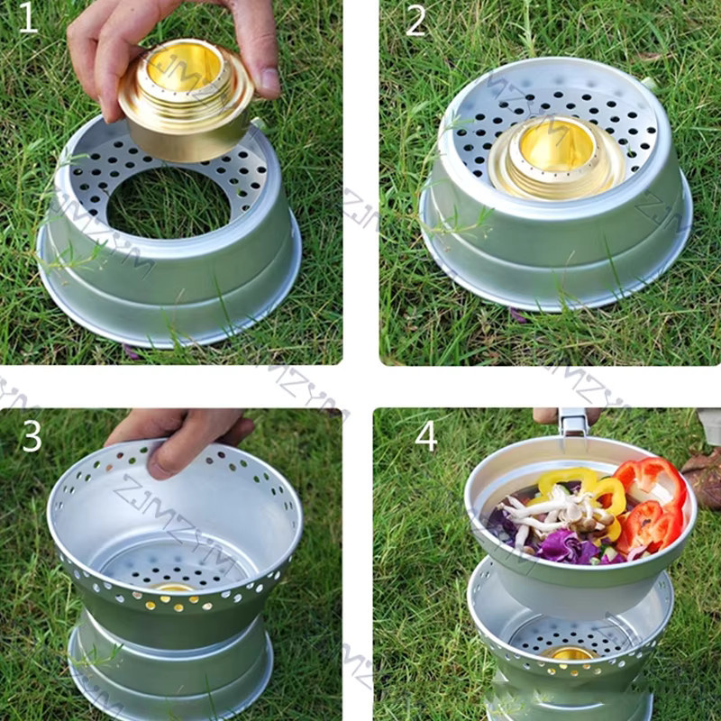 ZJMZYM 7-teiliges Camping Kochgeschirr Set aus Aluminiumlegierung in Silber mit faltbarem Alkoholherd und Greifer - Bild 3