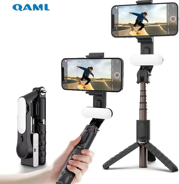 QAML A6 2025 1-Achsen Handheld Gimbal Stabilisator mit Selfie-Stick, Stativ und kabelloser Fernbedienung, Schwarz, iOS-kompatibel - Bild 1