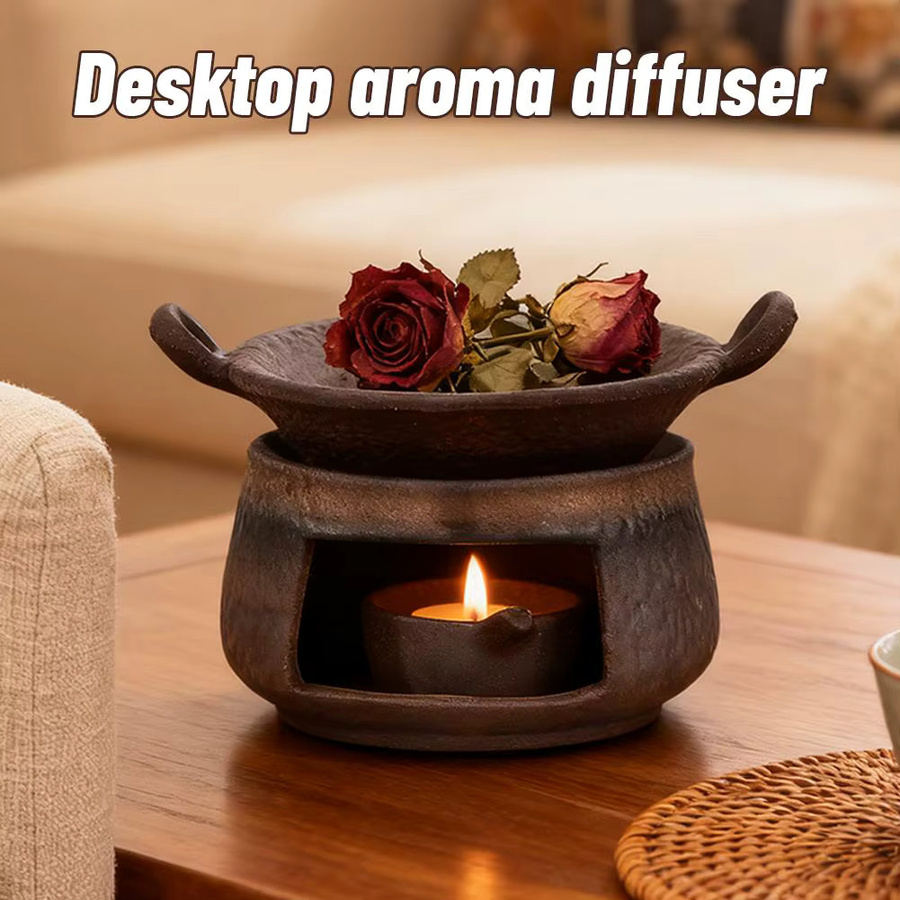 KITPIPI Keramik-Kräuterbrenner in Braun, runder Aromatherapie-Herd für Sandelholz, Tee und ätherische Öle mit Tealight-Halterung im orientalischen Design - Bild 4
