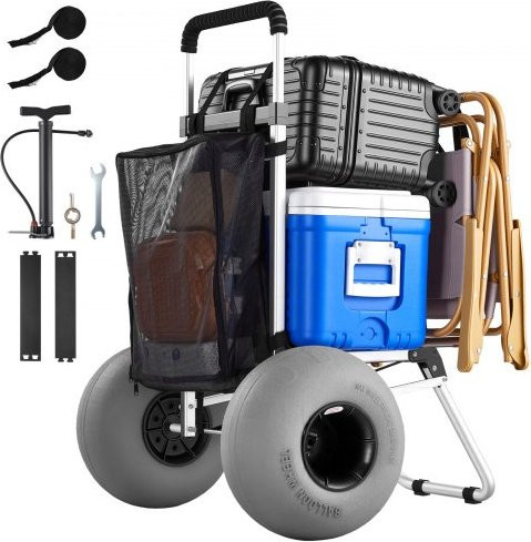 VEVOR Strandwagen mit Ballonreifen aus Aluminiumlegierung, faltbarer Strandtrolley in Silberweiß, Belastbarkeit 75 kg, Höhe: 86 cm bis 116 cm, Ladefläche: 50,5 x 37,4 cm - Bild 1