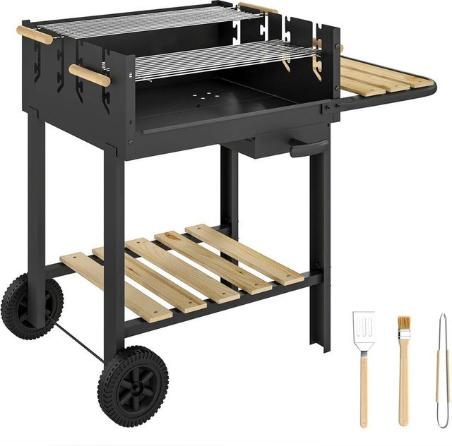 Outsunny Holzkohlegrill Grillwagen mit höhenverstellbarem Grillrost und 2 Holzablagen in Schwarz, B/H/T: 58 x 82 x 99,5 cm - Bild 1