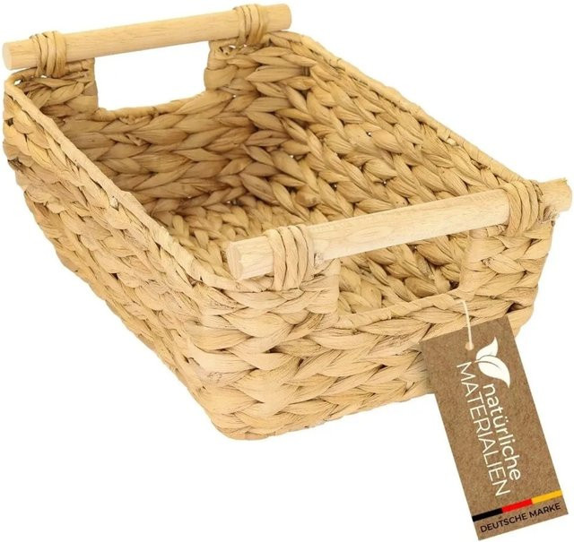 HMF Aufbewahrungskorb aus geflochtener Wasserhyazinthe mit Holzgriffen, beige, B/T/H: 32 x 22 x 12 cm - Bild 1