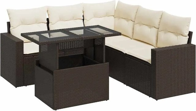 vidaXL 6-teilige Garten-Sofagarnitur in L-Form aus braunem Poly-Rattan mit cremeweißen Kissen und pulverbeschichtetem Stahlgestell - Bild 1