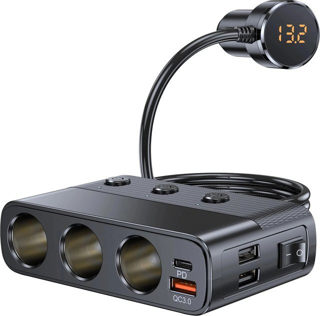 PHONEPACE 7-in-1 Autoladegerät-Splitter mit 127 W, PD30W und QC3.0, Zigarettenanzünder-Adapter mit Schalter, Schwarz - Bild 1