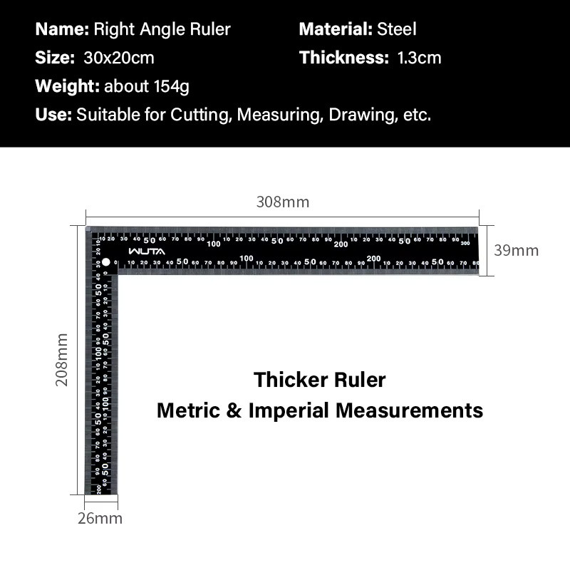 WUTA Leder-Schneidelineal aus Metall in Schwarz, L-förmiges Messstahl-Lineal mit quadratischem Winkel, Breite: 30 cm, Höhe: 20 cm - Bild 3