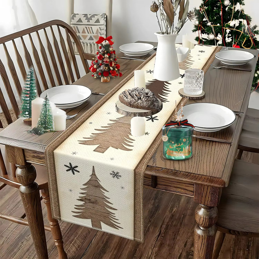 VIKAMA Weihnachts-Tischläufer aus Kiefernholz in Beige mit Vintage-Kiefern und Schneeflocken, B/H: 90 x 33 cm - Bild 3